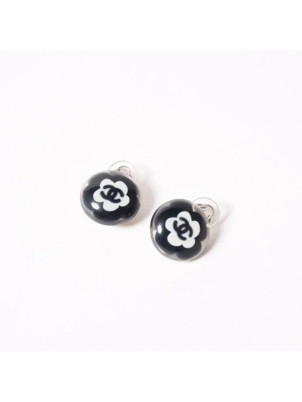 Chanel CC Logo Earrings 04 Button Flower Camellia Clear Resin